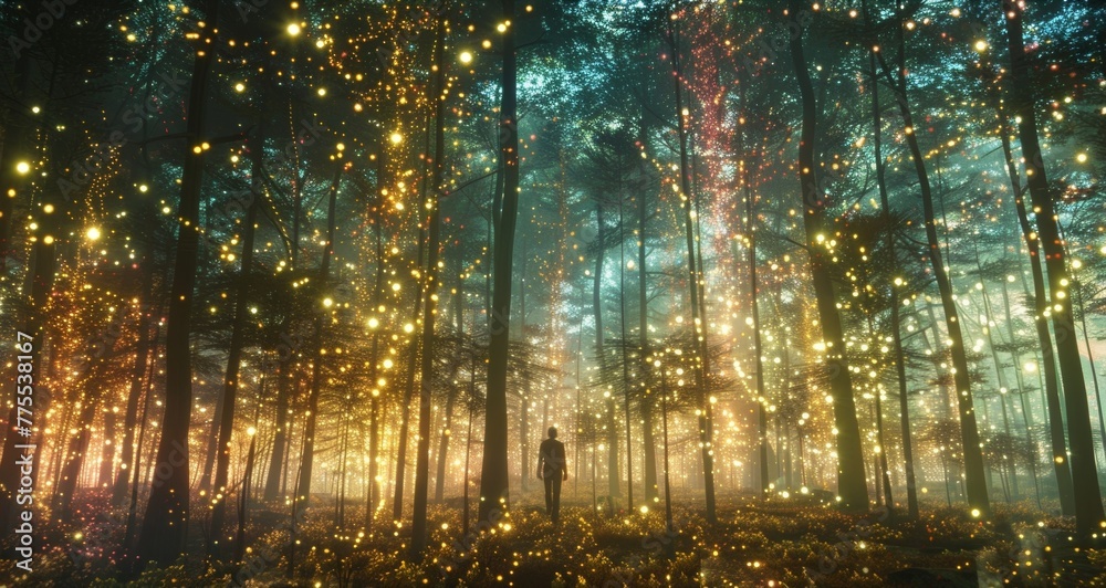 In the distance a person wanders through the glowing digital forest lost in thought as their back blends into the ethereal backdrop. . . - obrazy, fototapety, plakaty 