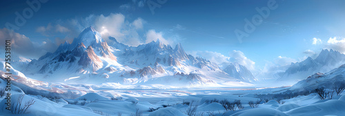 Beneath a blanket of snow, a vast landscape stretches, A painting of a snow covered mountain with a snow covered vehicle in the foreground.