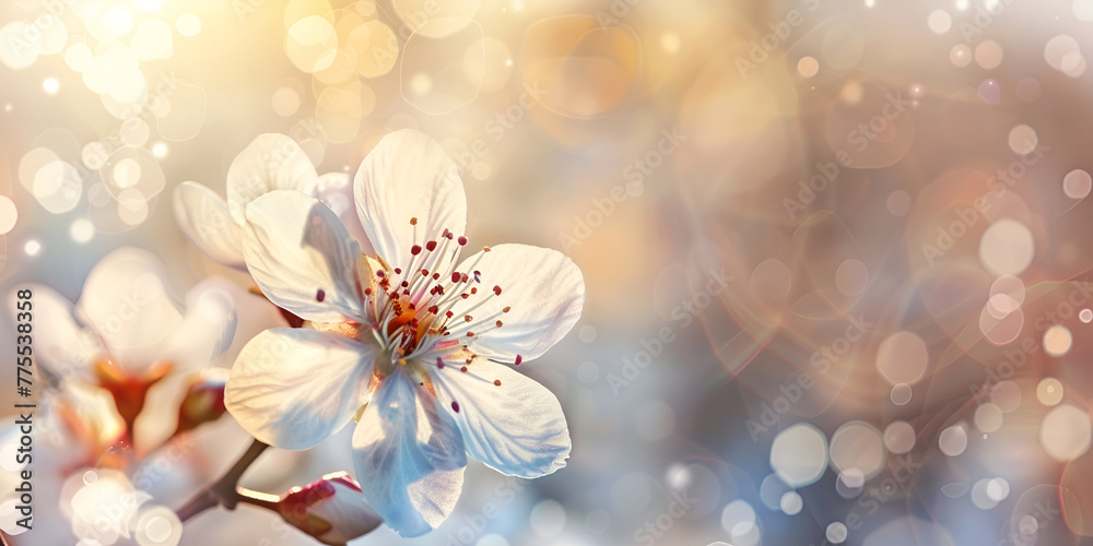 Nature scene with blooming tree and sun flare Spring mongolia flowers Spring background
