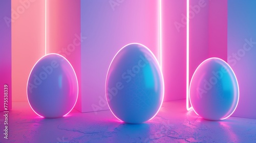 Electric neon Easter eggs with bold neon lights and geometric shapes photo