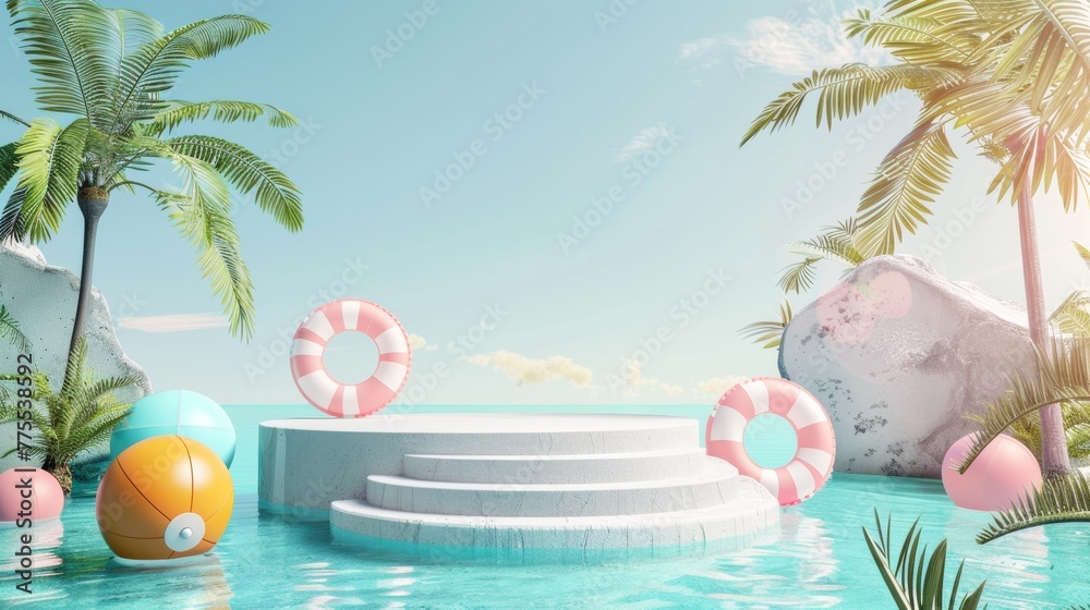 3d marble stand stone pool summer in tropical concept 