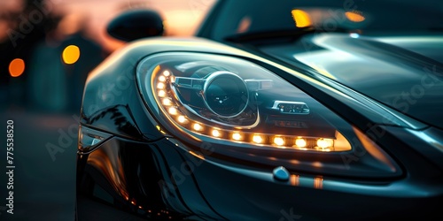 Sports car headlight in twilight, sleek design, close-up, ambient city lights reflecting, luxury speed © Thanthara