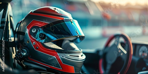 Racing helmet on the dashboard, close-up, focused and ready atmosphere, early morning race anticipation 