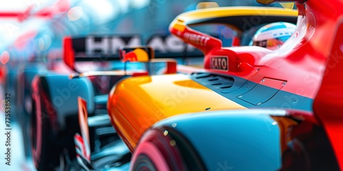 Formula 1 car wing and sponsor logos, vibrant colors, close-up, precision engineering and speed photo