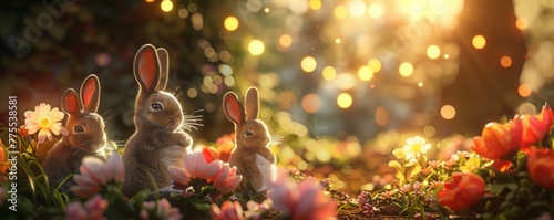 Evening glow 3D scene bunnies and eggs basking in the soft light of sunset photo