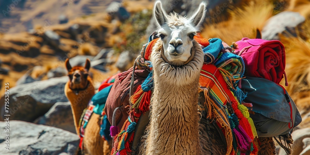 Obraz premium Llama caravan in the Andes, close-up on the colorful gear, bright daylight, cultural journey and exploration