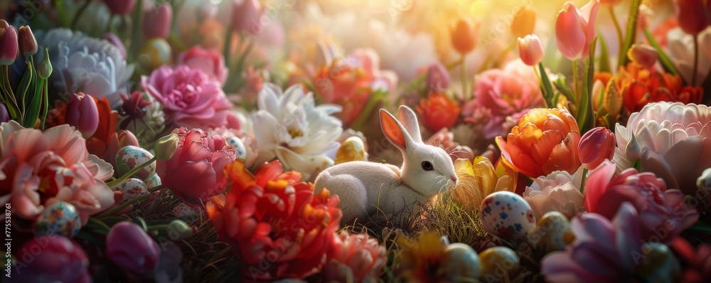 Fototapeta premium Festive 3D Easter card showcasing bunnies orchestrating an egg hunt
