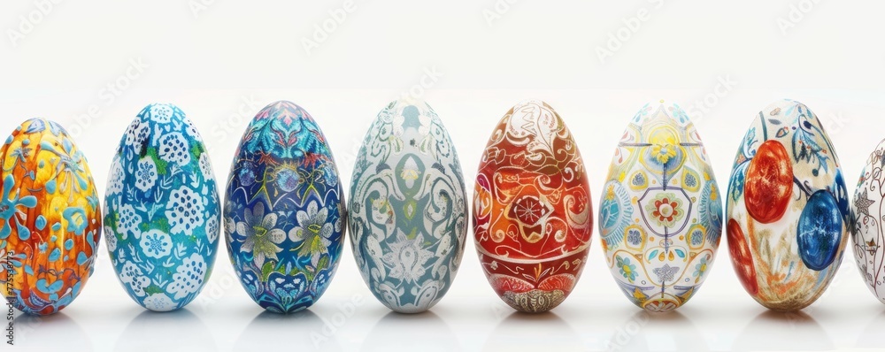Festive Easter egg set elaborately decorated with a mix of patterns and vibrant hues