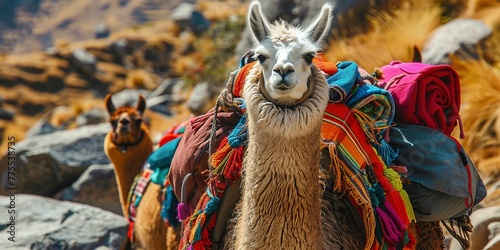 Llama caravan in the Andes, close-up on the colorful gear, bright daylight, cultural journey and exploration