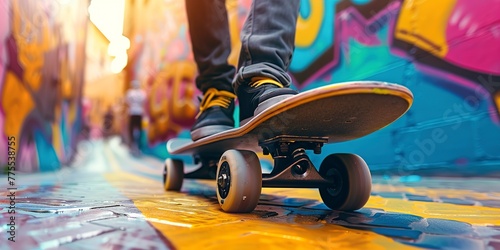 Electric skateboard speeding, close-up on the wheels, vibrant street art background, cool and modern vibe 