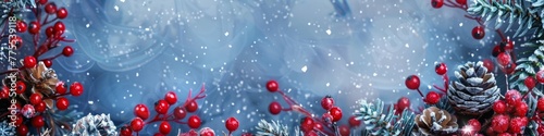Festive holiday scene featuring pine cones and vibrant red berries for Christmas decorations. Banner. Copy space.
