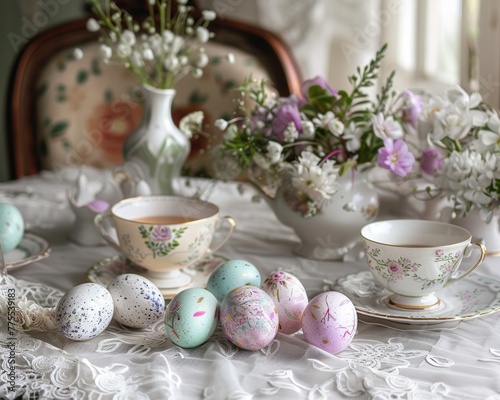 Garden tea party Easter eggs with delicate tea sets and floral arrangements