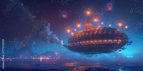Night view of a lit-up airship against a starry sky, cool tones, soft glow, magical and enchanting atmosphere 