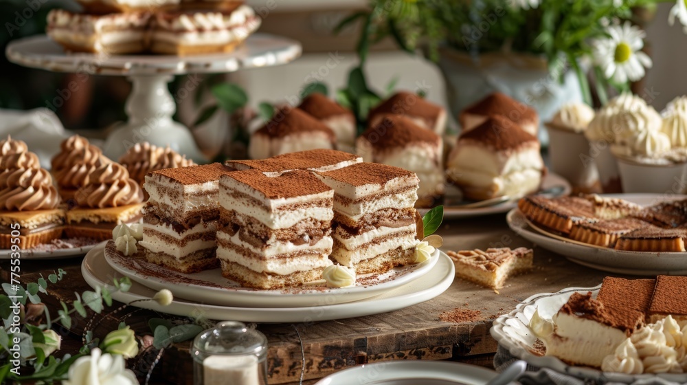Multiple slices of tiramisu arranged on a platter with other Italian desserts, like biscotti and cannoli, capturing a festive gathering Multiple slices of tiramisu arranged on a platter with other Italian desserts, like biscotti and cannoli, capturing a festive gathering