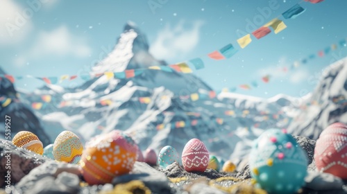 Himalayan journey Easter eggs with snow-capped peaks and prayer flags