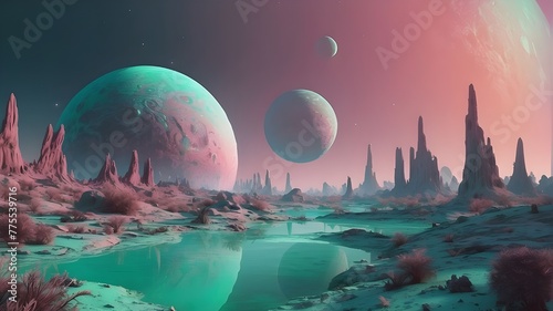 pastel-colored alien planet greenery, digital artwork