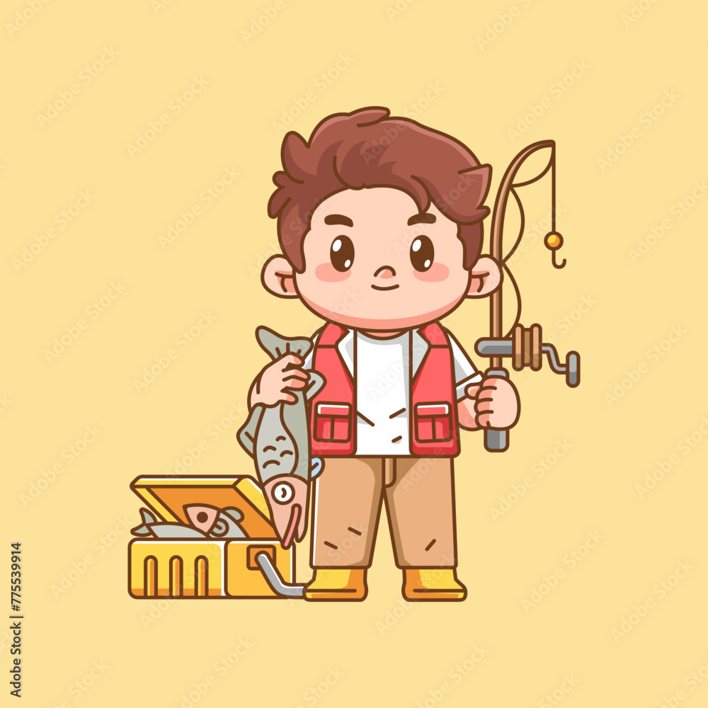 Cute catch fish fisher fishing kawaii chibi character mascot illustration outline style design