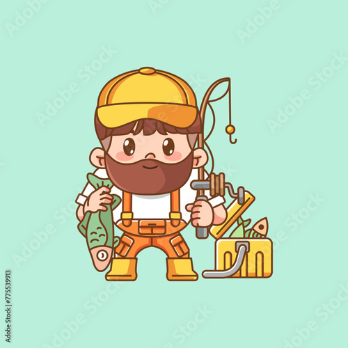 Cute beard fisher fishing kawaii chibi character mascot illustration outline style design