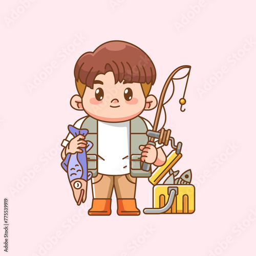 Cute confident fisher fishing kawaii chibi character mascot illustration outline style design