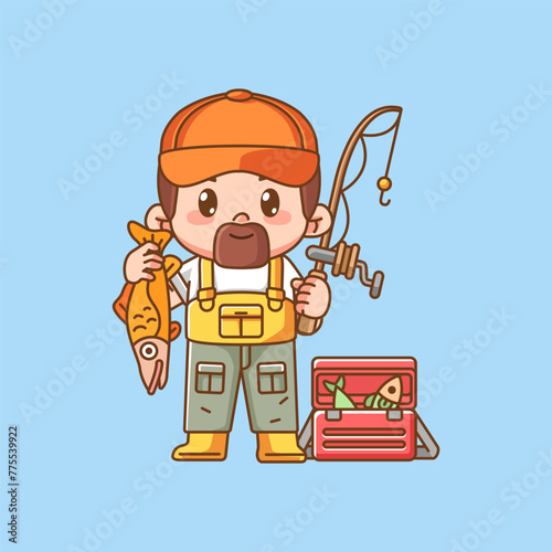 Cute fisher fishing box fish kawaii chibi character mascot illustration outline style design