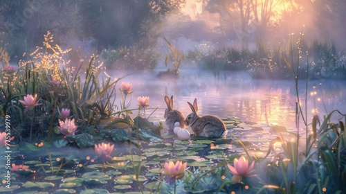 Misty lakeside dawn with bunnies gathering dewy eggs by a tranquil lake photo