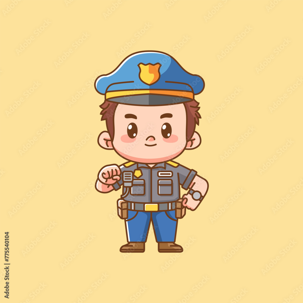 Cute cheer police officer uniform kawaii chibi character mascot illustration outline style design