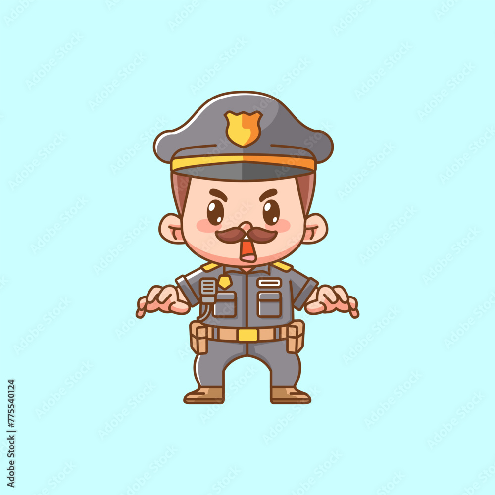 Cute catch police officer uniform kawaii chibi character mascot illustration outline style design