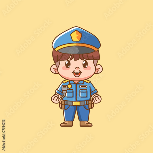 Cute friendly police officer uniform kawaii chibi character mascot illustration outline style design