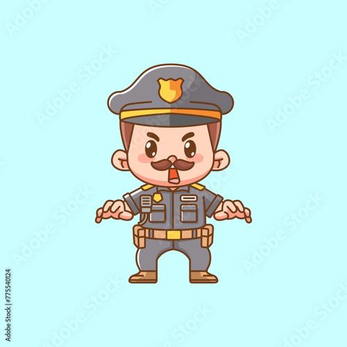 Cute catch police officer uniform kawaii chibi character mascot illustration outline style design