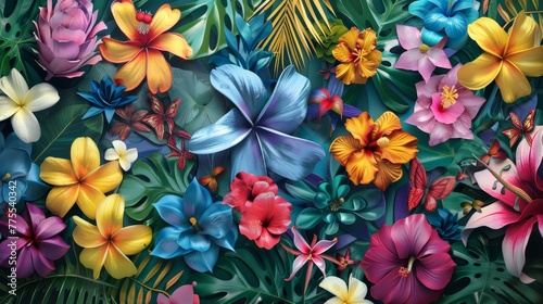 Integrate vibrant tropical flowers into the scene  adding a burst of color and a sense of abundance