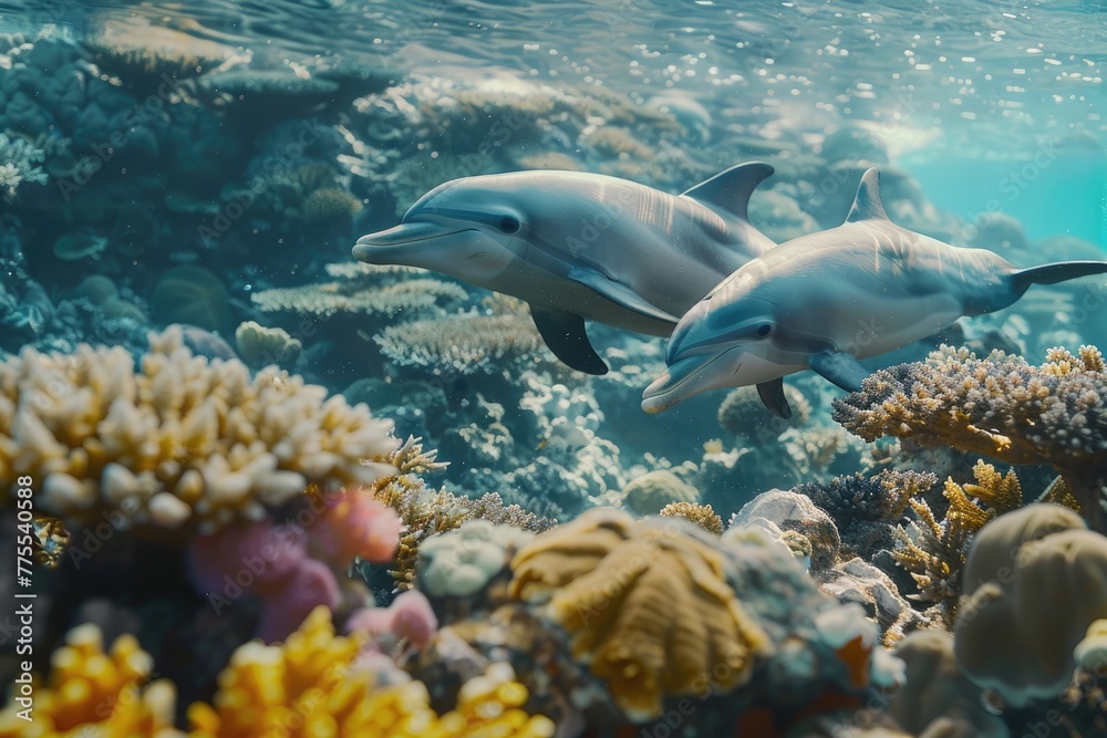 Dolphin swimming in the sea. Tropical coral reef with marine life.