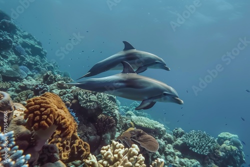 Dolphin swimming in the sea. Tropical coral reef with marine life.