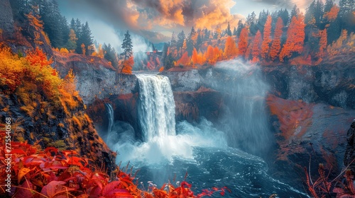 Fototapeta Naklejka Na Ścianę i Meble -  Snoqualmie Falls Autumn Majesty, Showcase the autumn majesty of Snoqualmie Falls in Washington State, USA, as the vibrant colors of fall foliage frame the powerful cascade