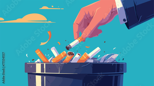 Hand putting cigarettes in trash bin flat style 2d