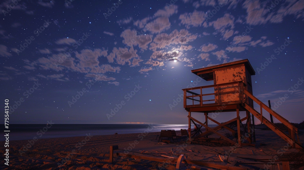 The moon hangs low in the sky casting an eerie glow on the abandoned lifeguard tower and rusted beach chairs. . .