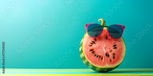 Refreshing Delight Mouthwatering Watermelon Cubes Tropical beach idea with fresh watermelon Watermelon fruit with sun glasses photo