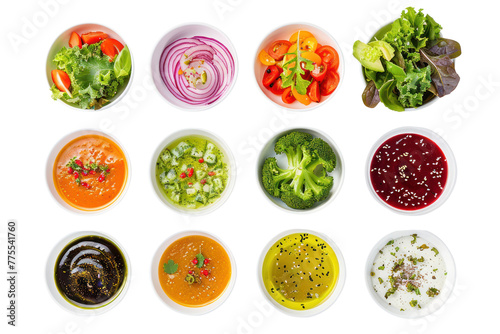 Various types of fresh vegetable salad Topped with colorful, delicious salad dressing, Isolated on a transparent background.