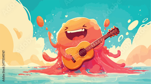 Happy jellyfish playing an acoustic guitar cartoon © Mishi