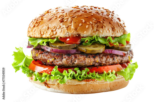 Big beef burger, soft bun, fresh vegetables, delicious sauce.Isolated on a transparent background.