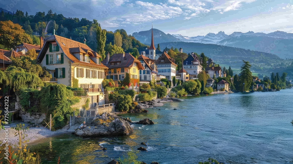 Fototapeta premium Rhine Falls Romantic Getaway, Portray the romantic charm of Rhine Falls in Switzerland, with its picturesque setting and idyllic
