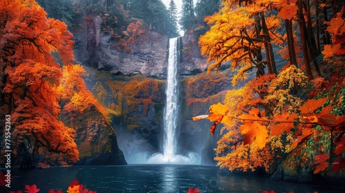 Multnomah Falls Autumn Splendor, Capture the vibrant colors of autumn foliage framing the iconic Multnomah Falls in Oregon, USA, creating a stunning contrast against the cascading waters