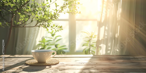 A cup of tea on a wooden table with a tree in the background