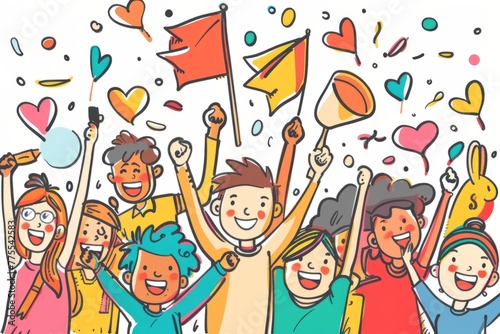 Cartoon cute doodles of a spirited pep rally on campus, with students cheering, waving banners, and showing off their school spirit, Generative AI