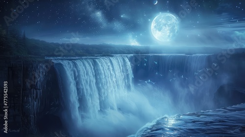 Horseshoe Falls Moonlit Magic  Illustrate the enchanting beauty of Horseshoe Falls illuminated by the soft glow of the moon  casting a magical light over the misty waters