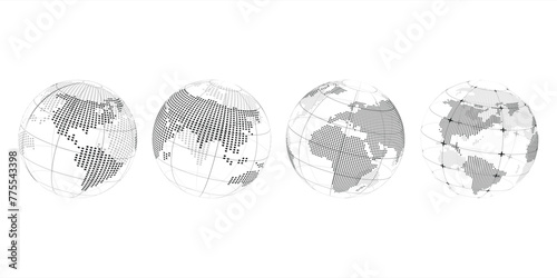 Set of black and white dotted digital transparacy vector globes of Earth with realistic of world map on white and black background.