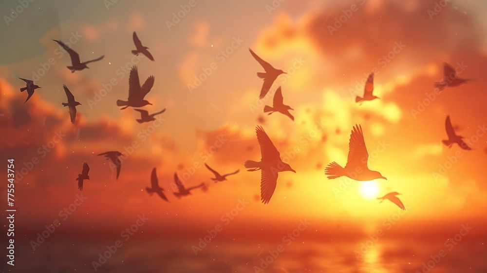 Natural view, Silhouette A flock of birds flying againest orange sky Natural view, Silhouette A flock of birds flying againest orange sky