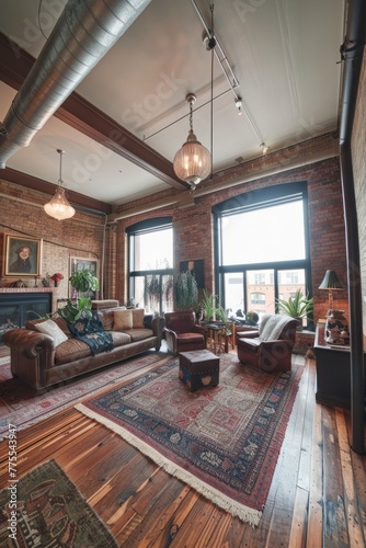 Professional Photography of a Historic Downtown Loft Conversion With Exposed Brick Walls, High Ceilings, and Industrial-Chic Aesthetics, Generative AI