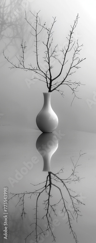  Black and white photo of Vase, Fragile Beauty, Divergent Realities mirror on the table