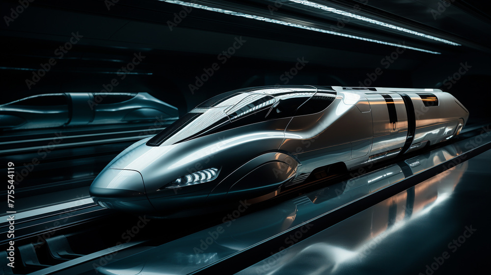 A futuristic bullet train in a hyper-realistic 3D clay render, isolated against a sleek silver background, symbolizing speed, progress, and the journey into tomorrow.