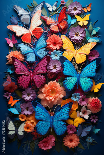 A kaleidoscope of butterflies in various stages of flight  rendered in clay style against a rainbow gradient background  celebrating the diversity and vibrant life of these enchanting insects.